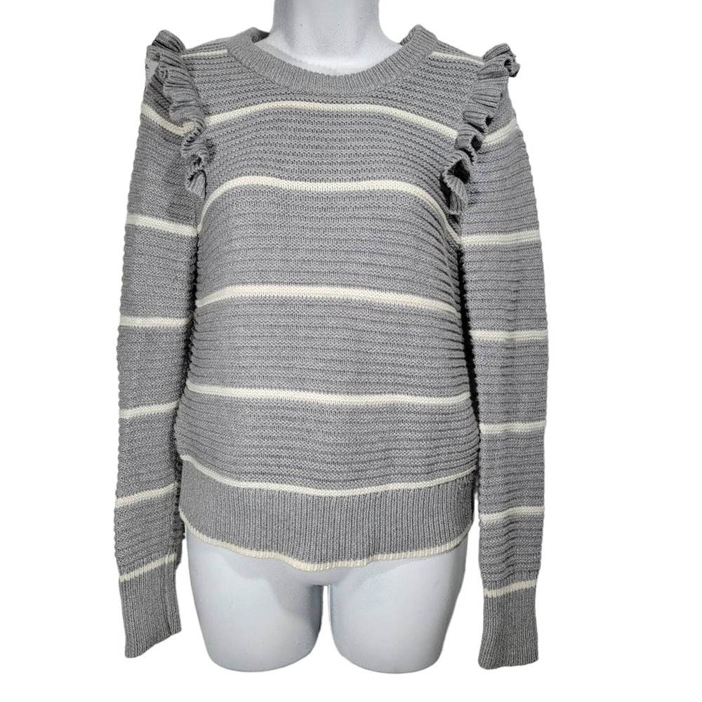Banana Republic Gray Striped Ruffle Shoulder Knit Sweater